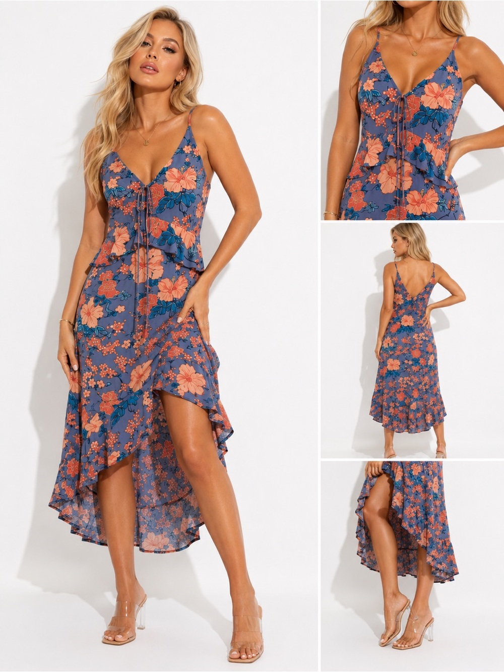 NEW Nordstrom Highline Blue Pink Floral Tie-Front Flutter Hi-Lo Tank Dress $150